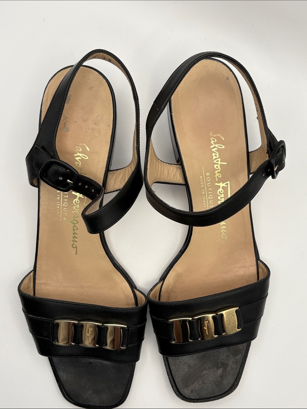 Salvatore Ferragamo Black Leather Slingback Sandals with Gold Buckle